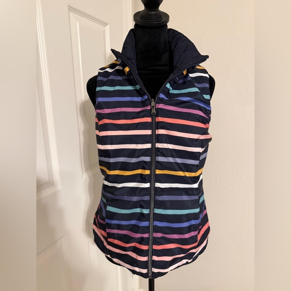 Navy Quilted Sleeveless Vest with Rainbow Stripes.  Reversible